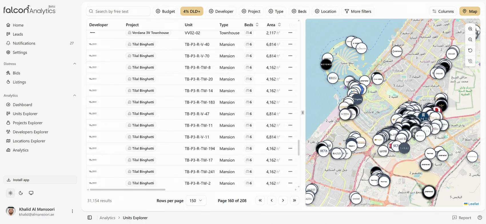 Falcon Analytics Units Explorer, a filterable table of every Dubai unit beside the live map